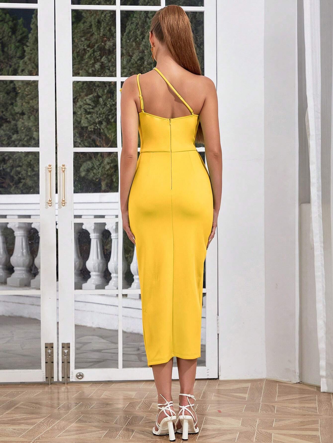 Sexy Sling Oblique Shoulder V-Neck Lotus Leaf Shoulder Pleated High Slit Dress