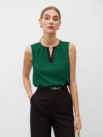 Women's Color Block Detail Pleated Hem Tank Top
