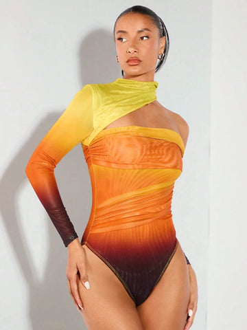 BAE Valentine's Day Asymmetrical Off-Shoulder Gradient Printed Mesh Pleated Women's Long-Sleeved Bodysuit