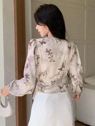 DAZY Floral Print V-Neck Wrap Tie Front Cropped Long Sleeve Shirt