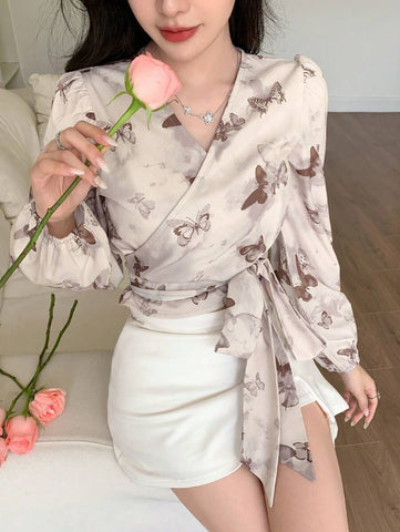 DAZY Floral Print V-Neck Wrap Tie Front Cropped Long Sleeve Shirt