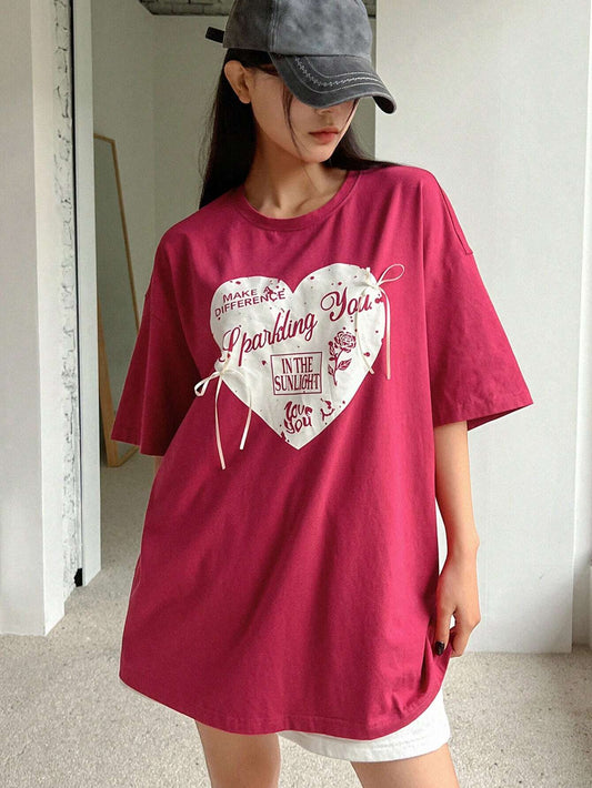 DAZY Women's Summer Loose Fit Casual T-Shirt With Heart And Slogan Print