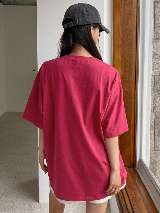 DAZY Women's Summer Loose Fit Casual T-Shirt With Heart And Slogan Print