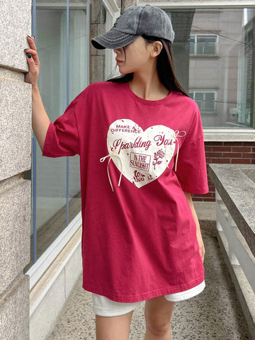 DAZY Women's Summer Loose Fit Casual T-Shirt With Heart And Slogan Print