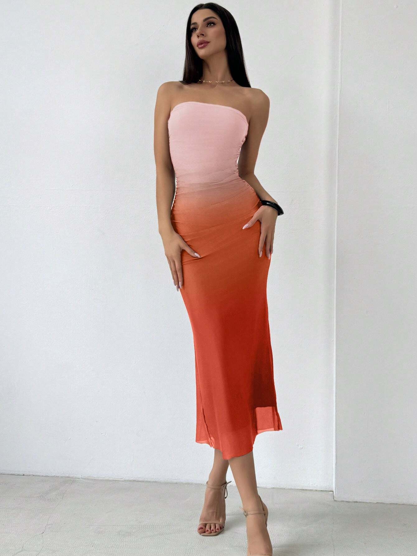 Aloruh American-Style Gradient Mesh Print Strapless Bodycon Dress