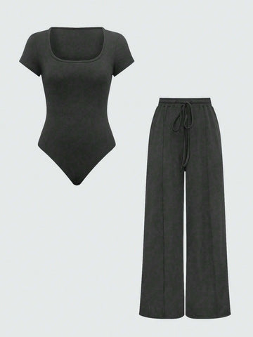 EZwear Plain Color Asymmetric Hem Top And Pants Two Piece Set