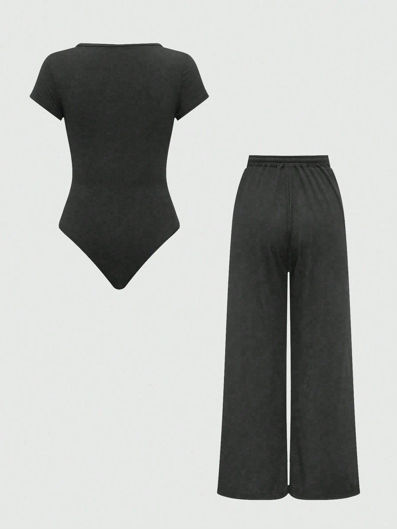 EZwear Plain Color Asymmetric Hem Top And Pants Two Piece Set