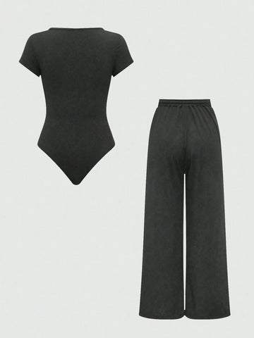 EZwear Plain Color Asymmetric Hem Top And Pants Two Piece Set