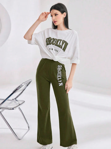 Mulvari Women Spring/Summer Casual Loose Fit Drop Shoulder Short Sleeve Top And Flared Pants Set