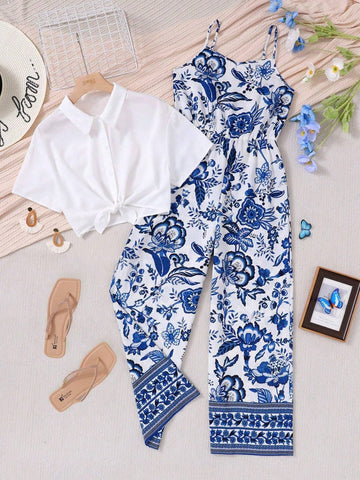 LUNE Casual Women Solid Color Tie Front Shirt And Floral Printed Spaghetti Strap Jumpsuit Set