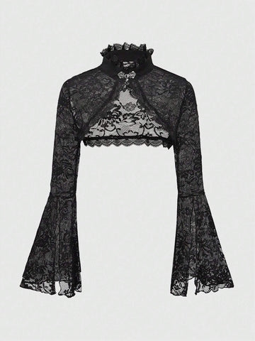 ROMWE Goth Gothic Style Open Front Frill Flare Sleeve Lace Trim Cardigan