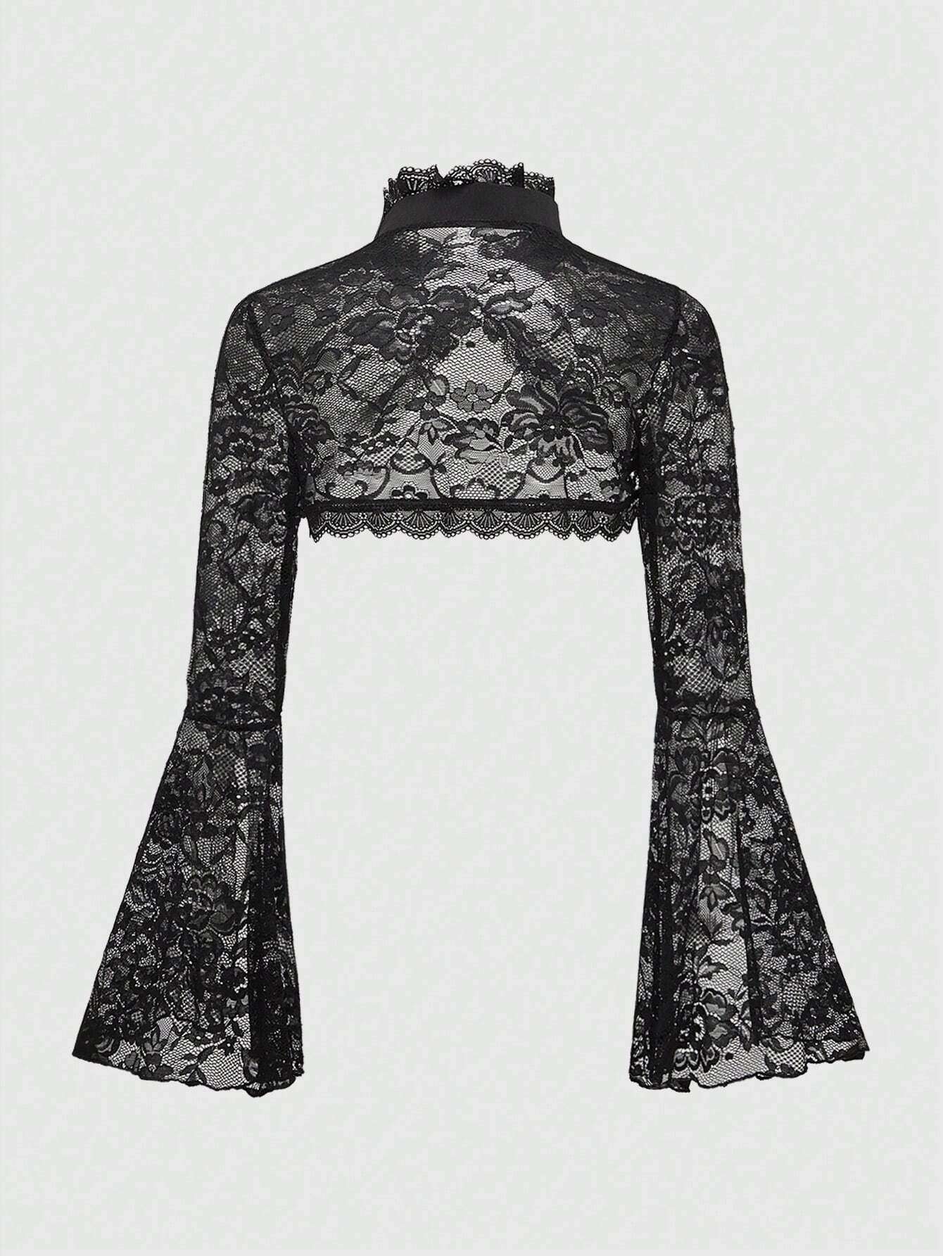 ROMWE Goth Gothic Style Open Front Frill Flare Sleeve Lace Trim Cardigan