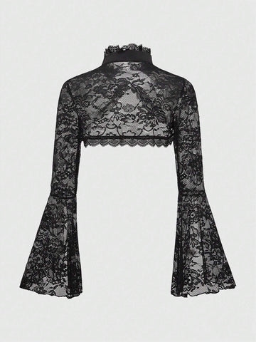 ROMWE Goth Gothic Style Open Front Frill Flare Sleeve Lace Trim Cardigan