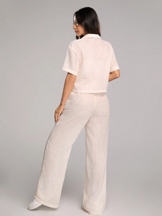 Flirla Striped Single-Breasted Short Sleeve Shirt And Trousers Set