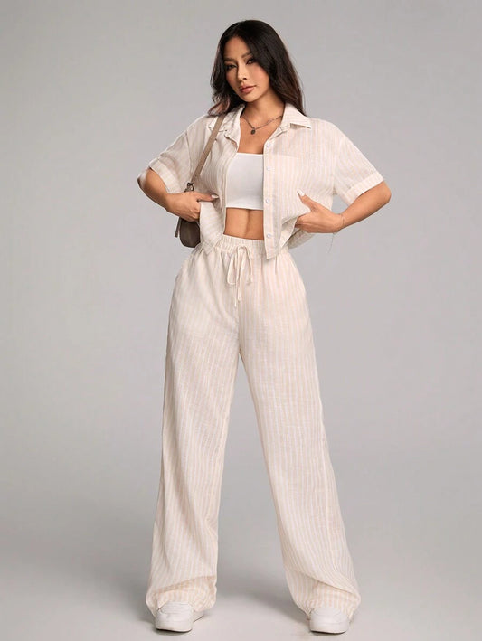 Flirla Striped Single-Breasted Short Sleeve Shirt And Trousers Set