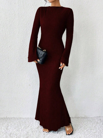 Raffinéa Solid Color Trumpet Sleeve Mermaid Dress