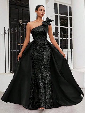 Belle Women's Gorgeous Sequin Shoulder Bowknot Maxi Evening Dress