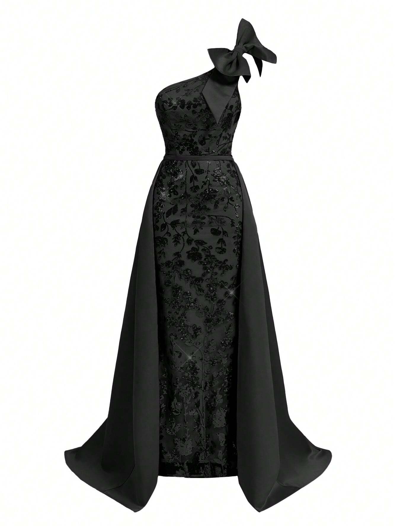 Belle Women's Gorgeous Sequin Shoulder Bowknot Maxi Evening Dress