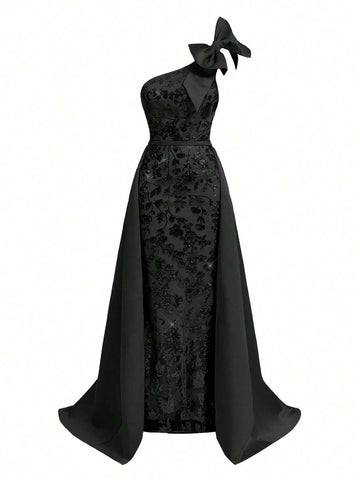 Belle Women's Gorgeous Sequin Shoulder Bowknot Maxi Evening Dress