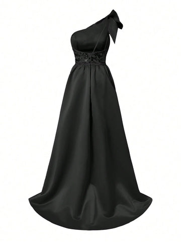 Belle Women's Gorgeous Sequin Shoulder Bowknot Maxi Evening Dress