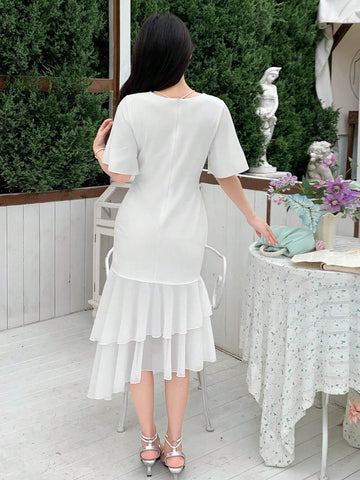 DAZY Solid Surplice Neck Butterfly Sleeve Ruched Ruffle Hem Dress