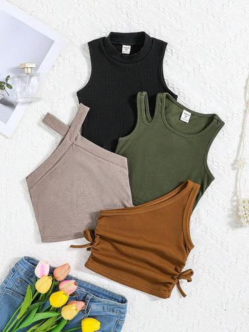 Young Girl Knitted Solid Cropped Casual Tank Top 4pcs Set