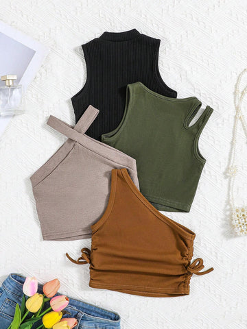 Young Girl Knitted Solid Cropped Casual Tank Top 4pcs Set