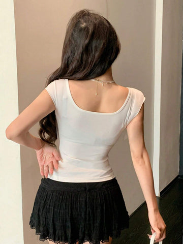 DAZY Backless Bow Tie Ribbon Slim Fit Short Sleeve Women's T-Shirt