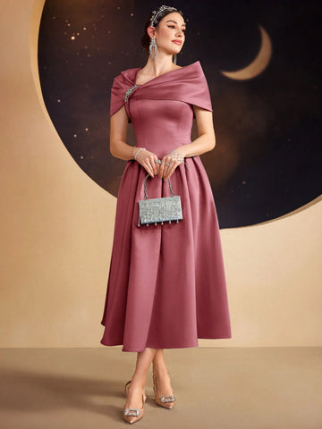 Modelyn Ladies Solid Color Asymmetrical Neckline Dress With Rhinestone Embellishment