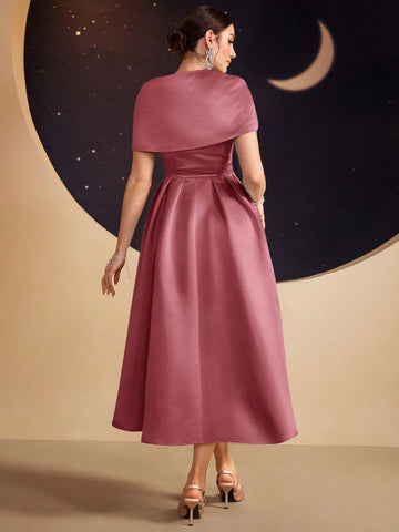 Modelyn Ladies Solid Color Asymmetrical Neckline Dress With Rhinestone Embellishment