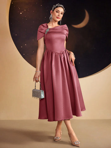 Modelyn Ladies Solid Color Asymmetrical Neckline Dress With Rhinestone Embellishment