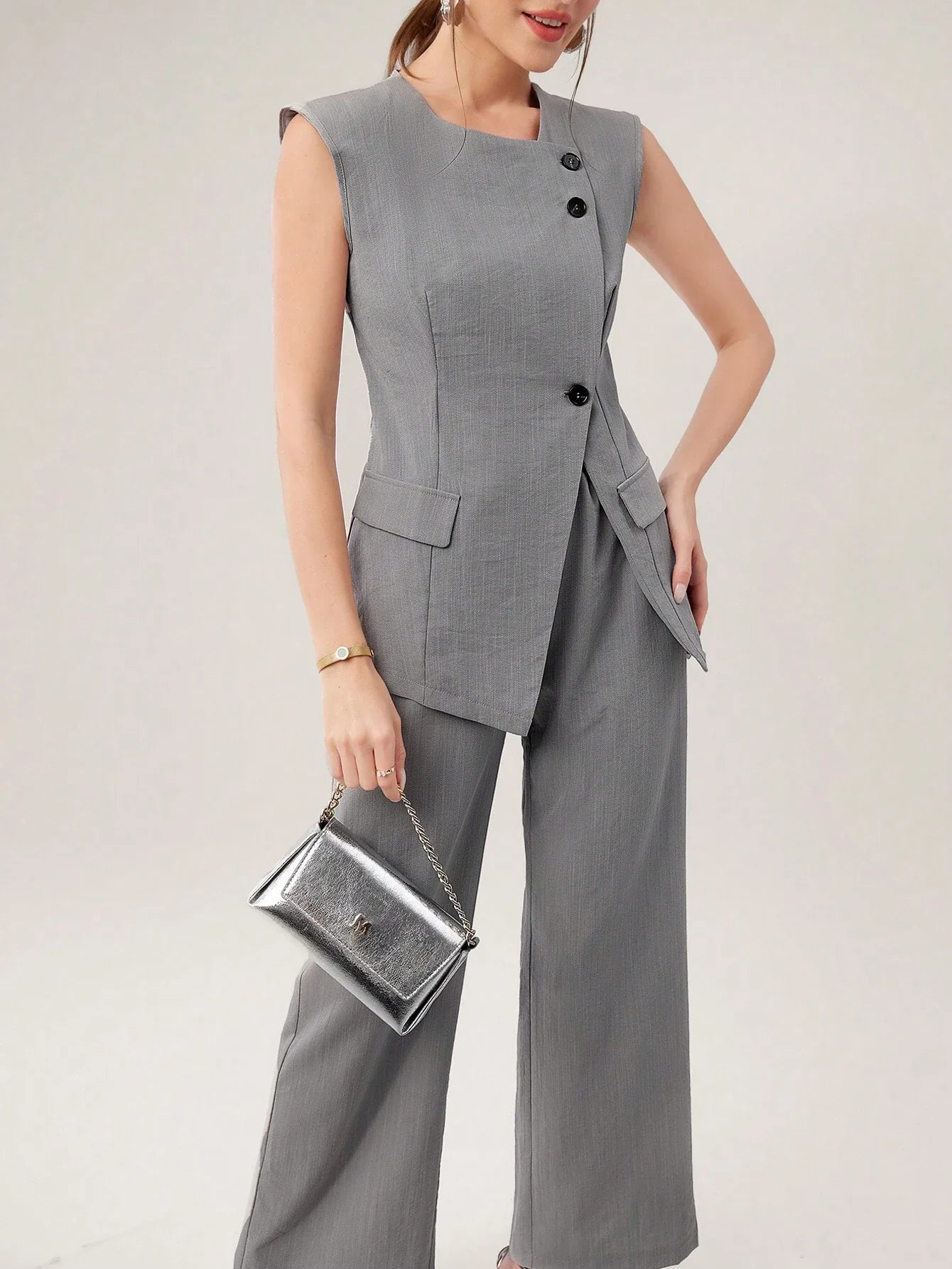 Mulvari Women's Fashionable Summer Simple Commuter Vest And Long Pants 2pcs/Set