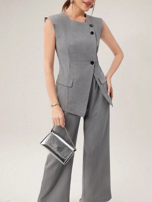 Mulvari Women's Fashionable Summer Simple Commuter Vest And Long Pants 2pcs/Set