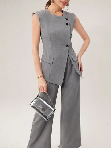 Mulvari Women's Fashionable Summer Simple Commuter Vest And Long Pants 2pcs/Set