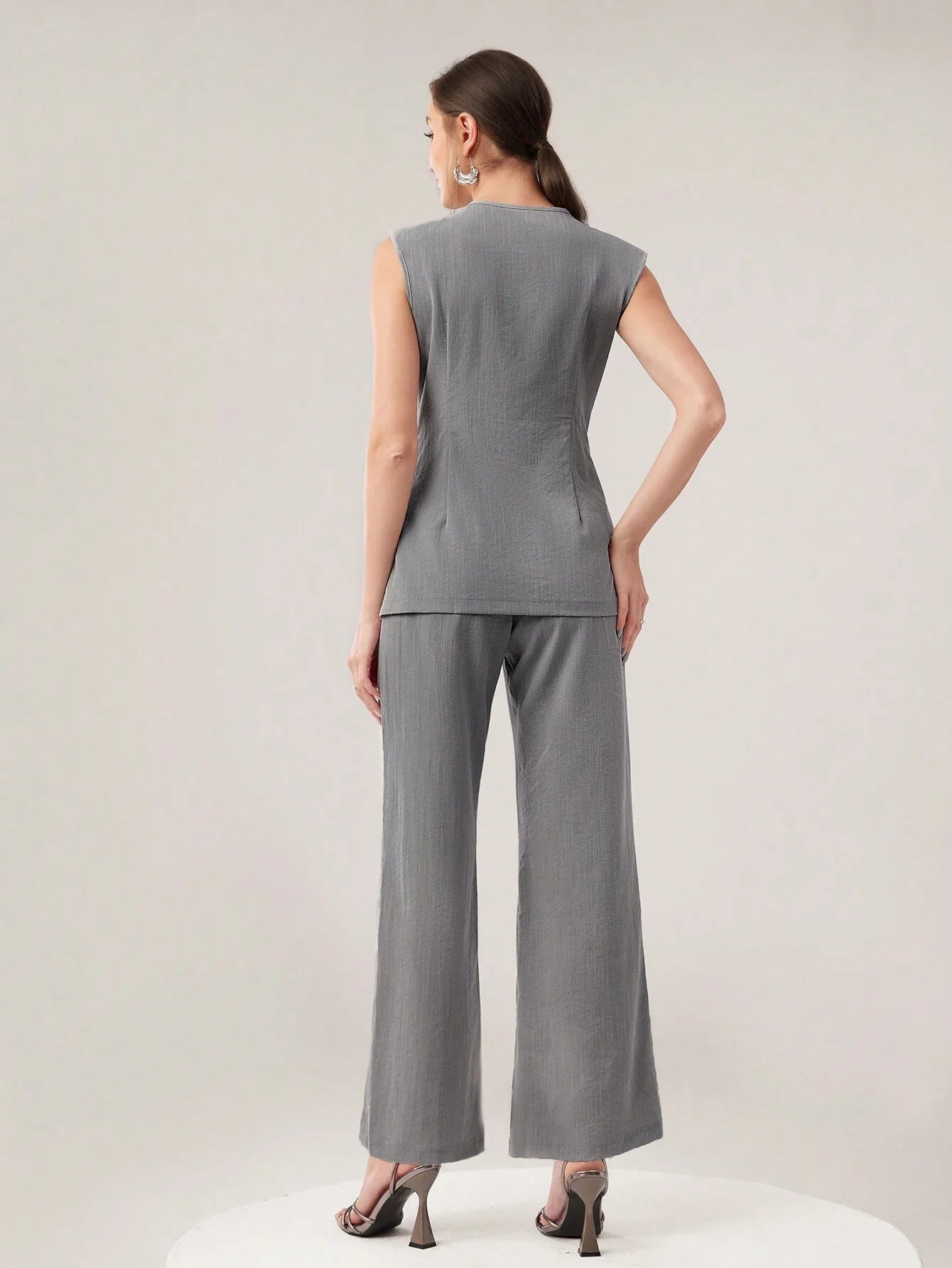 Mulvari Women's Fashionable Summer Simple Commuter Vest And Long Pants 2pcs/Set