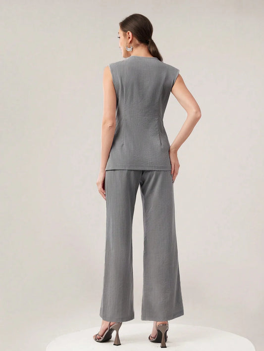 Mulvari Women's Fashionable Summer Simple Commuter Vest And Long Pants 2pcs/Set