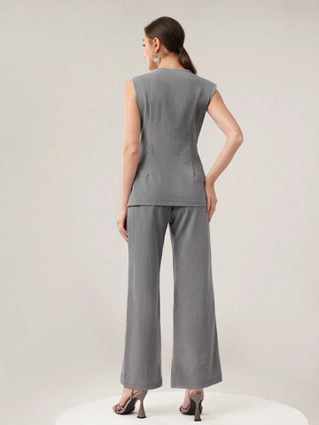 Mulvari Women's Fashionable Summer Simple Commuter Vest And Long Pants 2pcs/Set