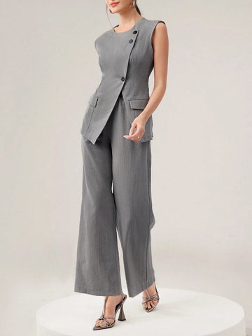 Mulvari Women's Fashionable Summer Simple Commuter Vest And Long Pants 2pcs/Set