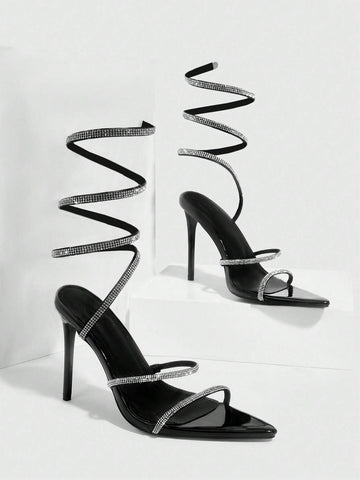 CUCCOO SZL Woman Shoes Rhinestone Decor Stiletto Heeled Strappy Glamorous Banquet Heeled Sandals