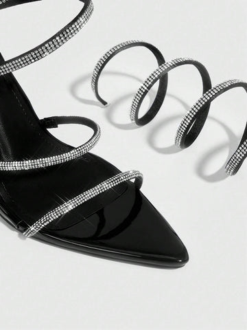 CUCCOO SZL Woman Shoes Rhinestone Decor Stiletto Heeled Strappy Glamorous Banquet Heeled Sandals