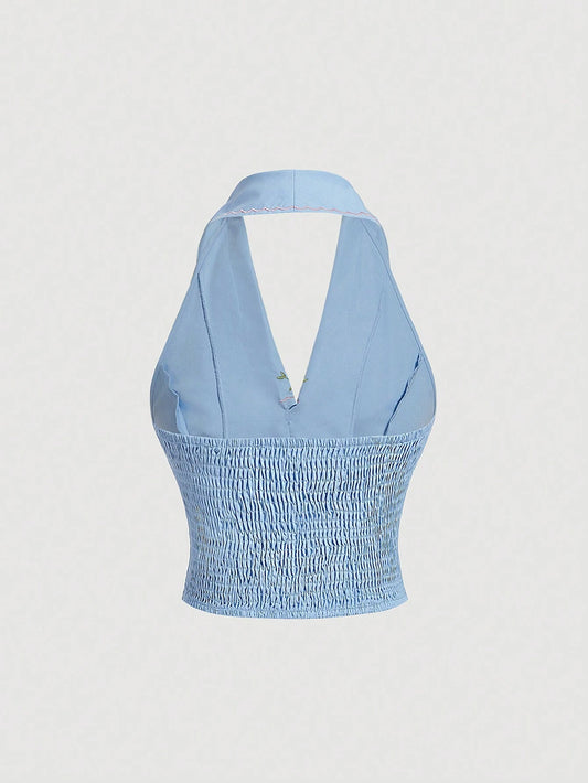 MOD Romantic Flower Embroidery Crop-Sleeve Button-Down Shirt