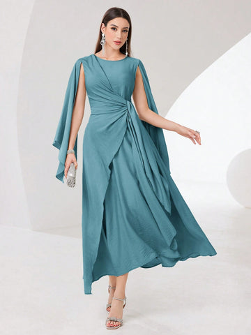 Modely Cloak Sleeve Knot Side Wrap Hem Modest Dress