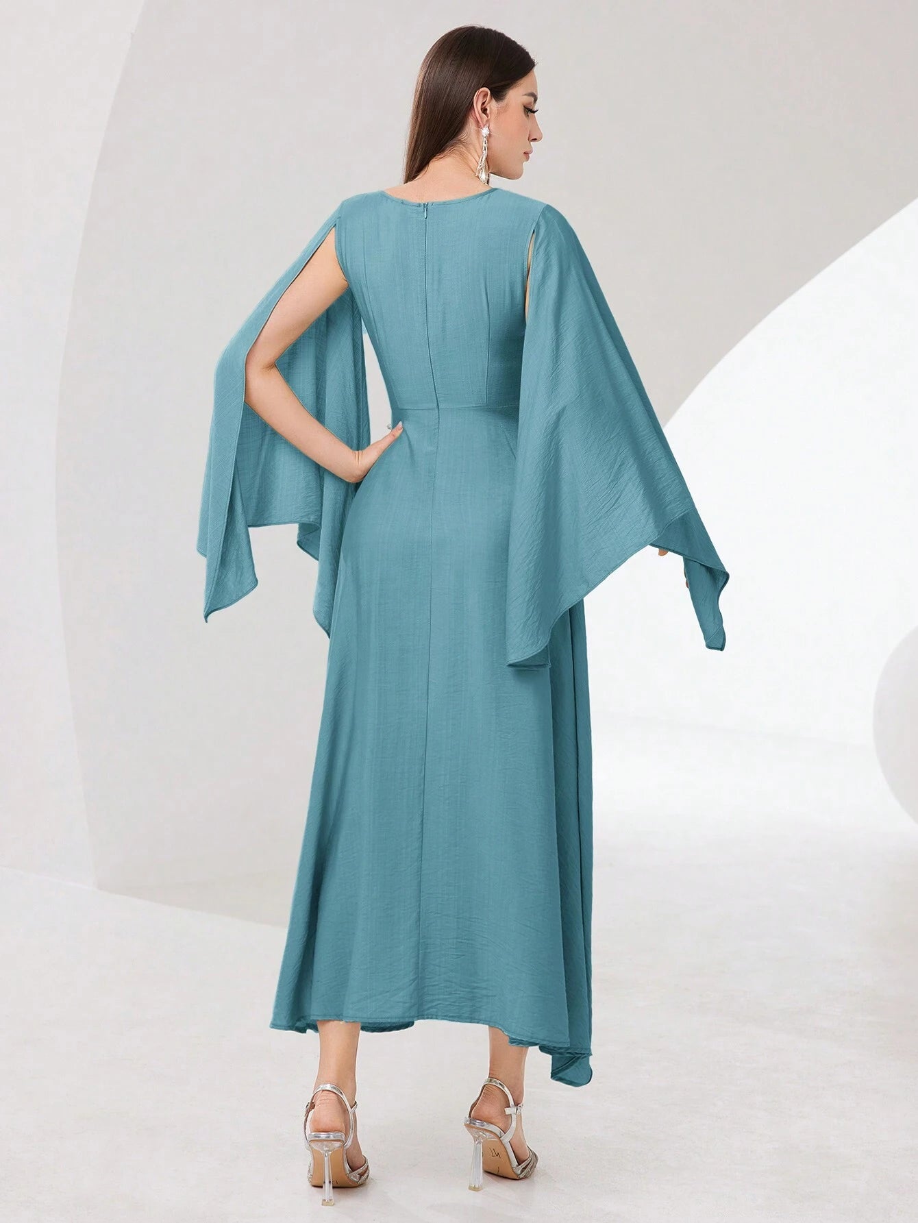 Modely Cloak Sleeve Knot Side Wrap Hem Modest Dress