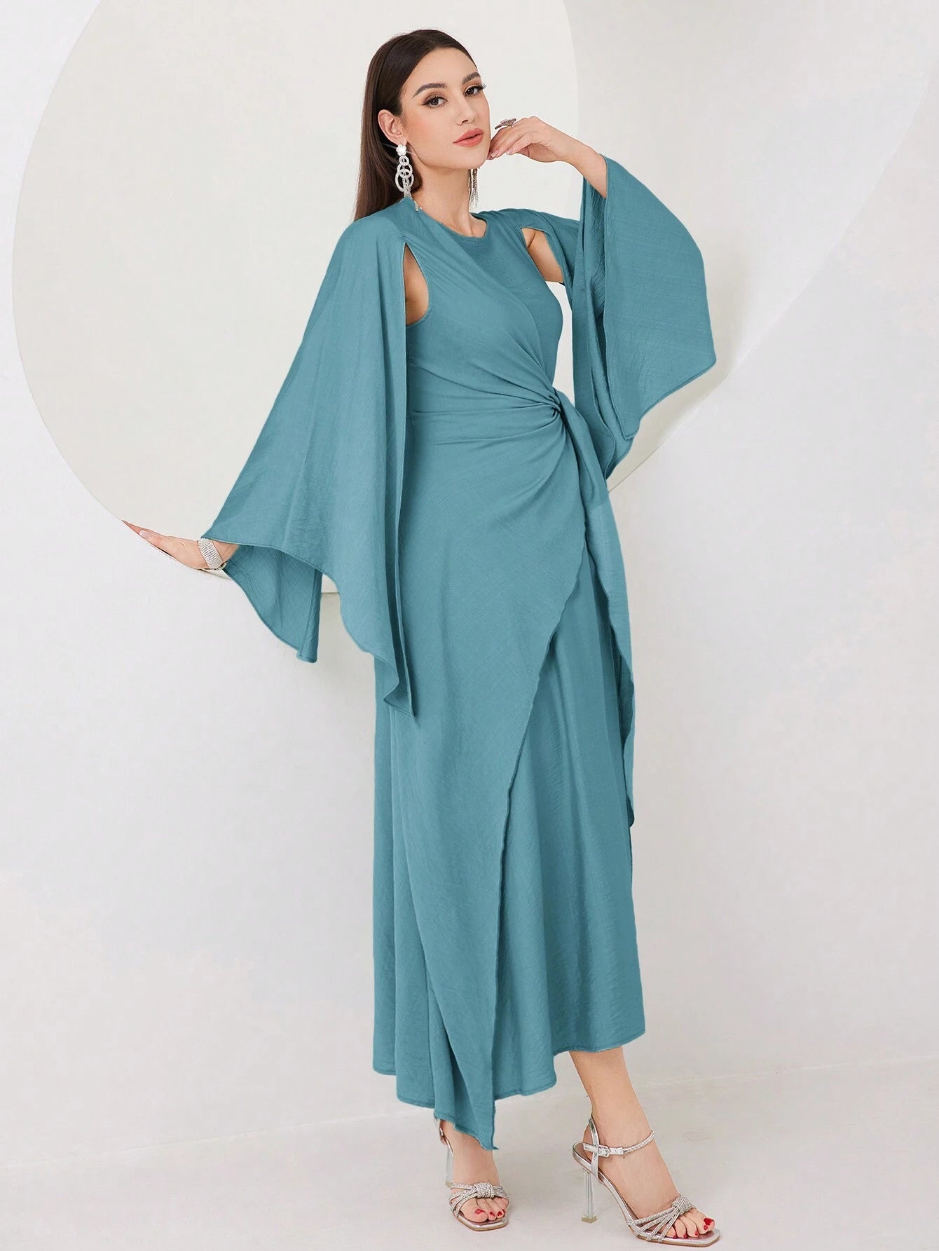 Modely Cloak Sleeve Knot Side Wrap Hem Modest Dress