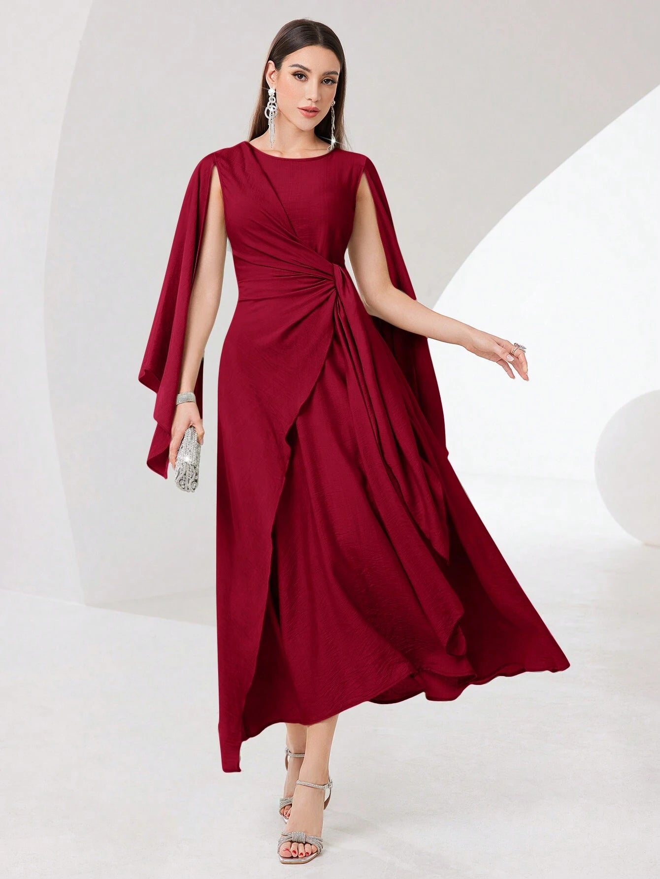 Modely Cloak Sleeve Knot Side Wrap Hem Modest Dress