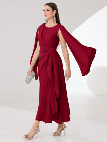 Modely Cloak Sleeve Knot Side Wrap Hem Modest Dress