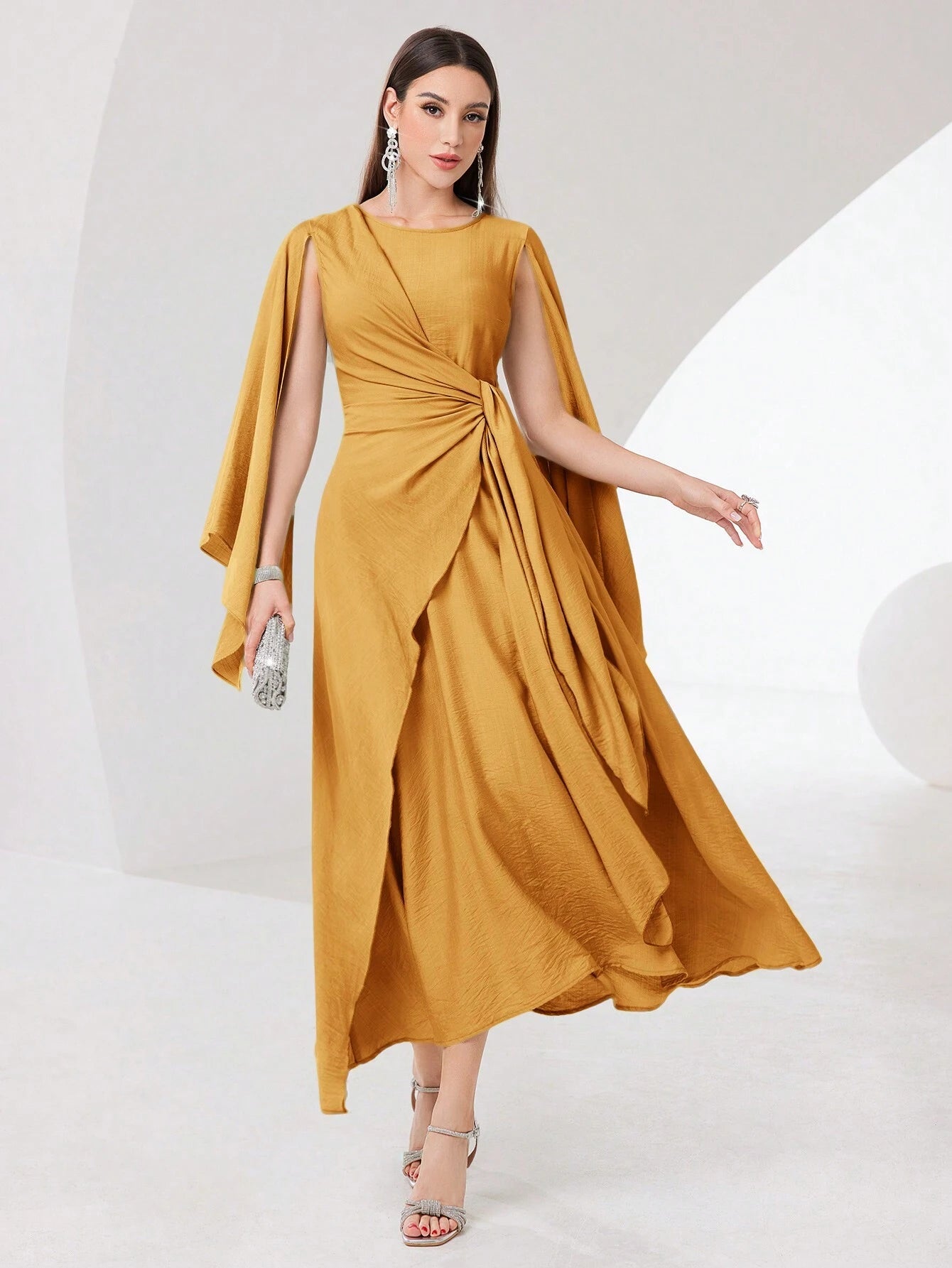 Modely Cloak Sleeve Knot Side Wrap Hem Modest Dress