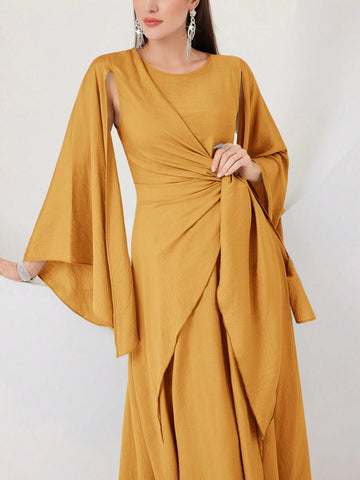 Modely Cloak Sleeve Knot Side Wrap Hem Modest Dress