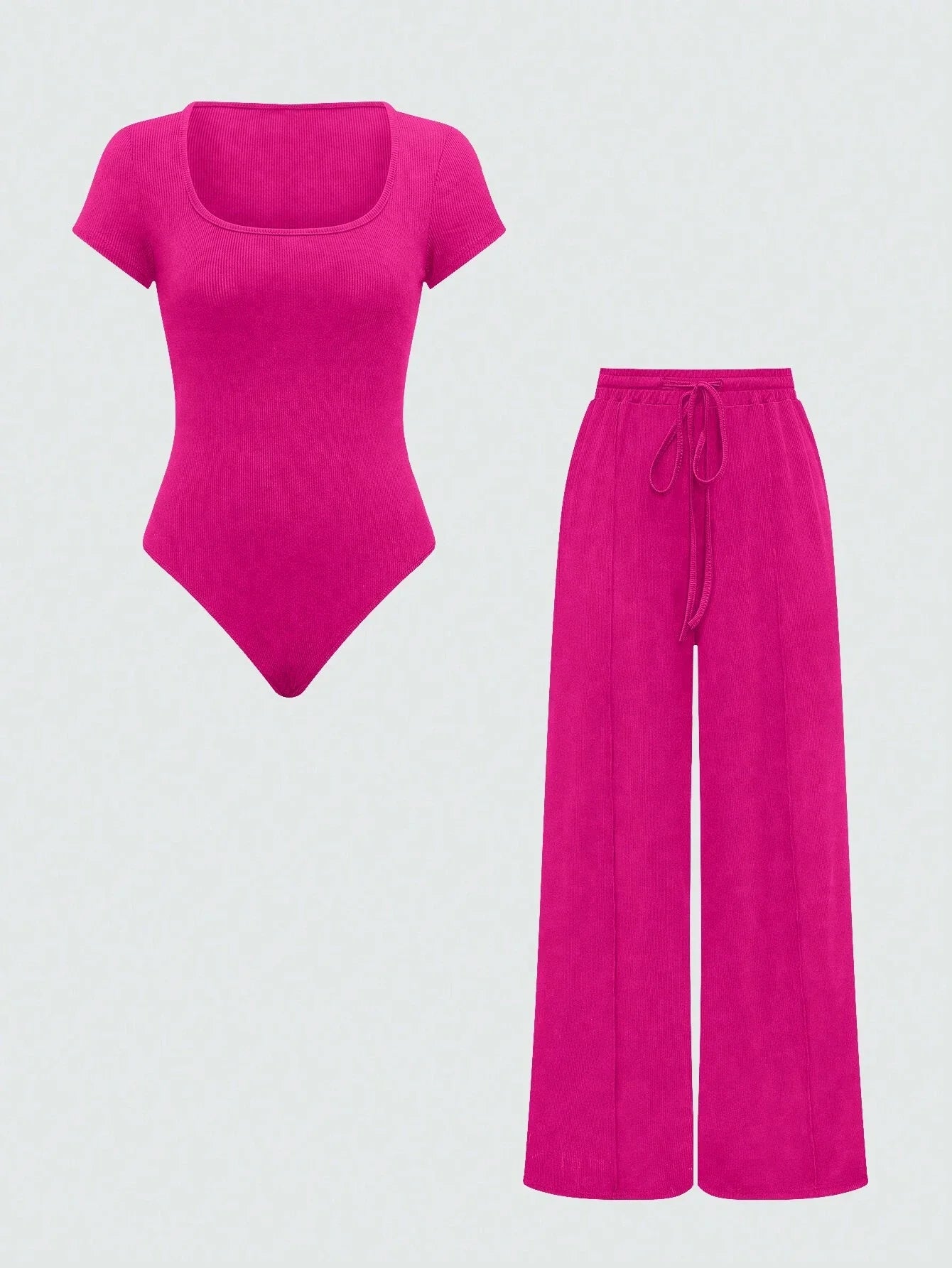 EZwear Plain Color Asymmetric Hem Top And Pants Two Piece Set
