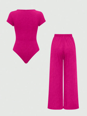 EZwear Plain Color Asymmetric Hem Top And Pants Two Piece Set